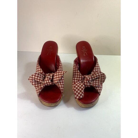 ZARA Rare Red+White Houndstooth Wood Wedge Clog Retro 40s Pin-up Bow Tie - Picture 3 of 9